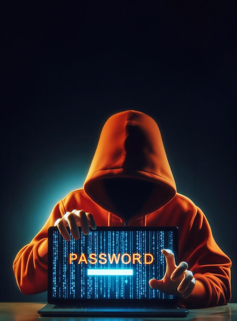 Foto a hacker in a hooded sweatshirt grabs the word password on a computer screen generative ai art