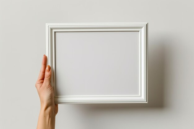 Foto a hand holding a blank white frame against a neutral background