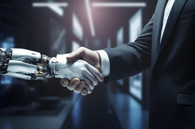 a Handshake Technologie-getriebene Handshake Mensch-Roboter Partnerschaft Künstliche Intelligenz Partnerschaft