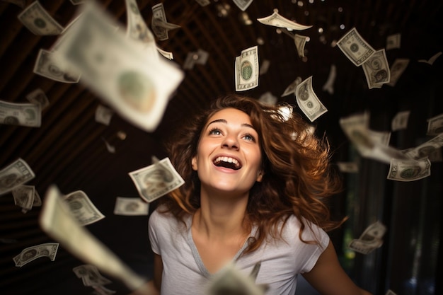 Foto a happy woman with money flying in the air