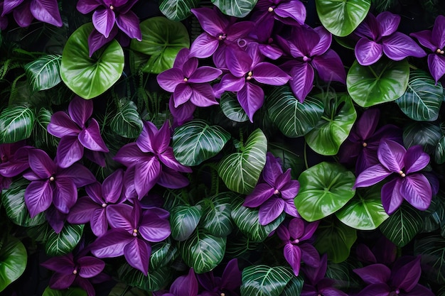 A harmonia da natureza, a videira verde com flores de orquídeas roxas