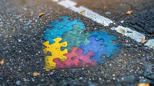 Foto a heart made of pieces of colorful puzzles on the asphalt the emblem and symbol of autism