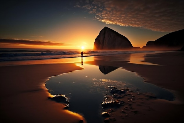 Foto a hora dourada na praia com o sol se pondo no horizonte incluindo o oceano o céu e a praia luz quente e suave generative ai