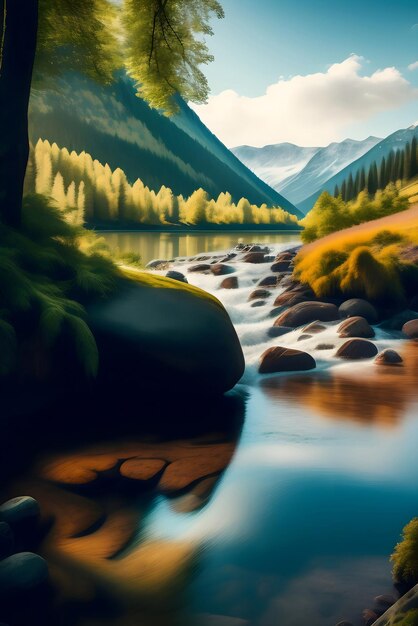 A IA da fotografia de exposição lenta da água que desce do rio montanhoso