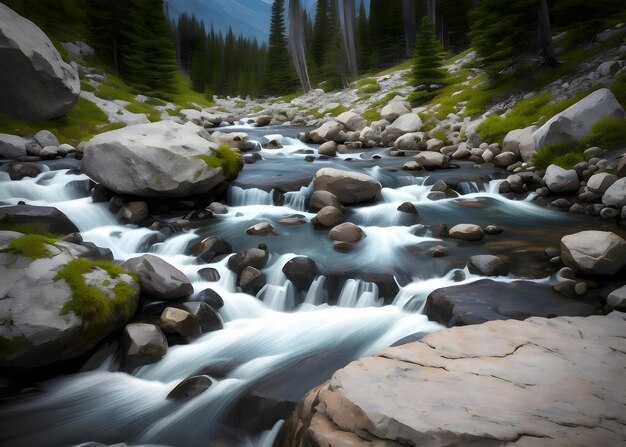 A IA da fotografia de exposição lenta da água que desce do rio montanhoso