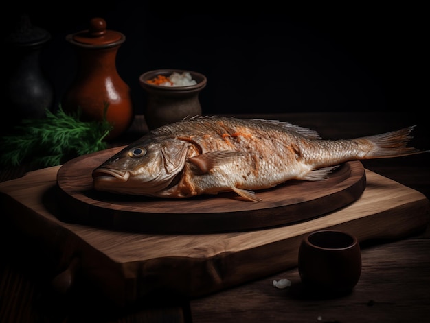 A IA gerou um delicioso peixe assado com legumes numa prancha de madeira.
