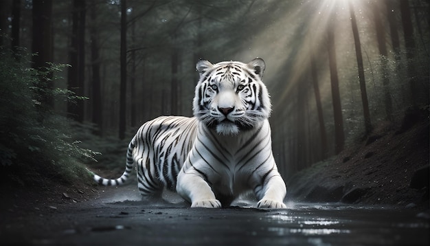 A IA gerou um tigre branco realista na floresta.