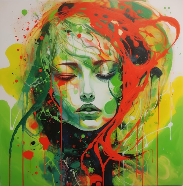 A IA gerou uma ilustração de um retrato de uma mulher, pintada com uma combinação de vermelho e verde