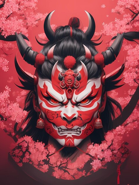 A IA gerou uma ilustração de um samurai em seu capacete cercado por flores e árvores com galhos