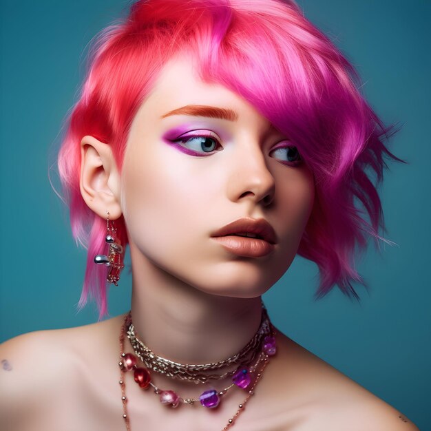 A IA gerou uma ilustração de uma jovem confiante com cabelo rosa e jóias únicas.