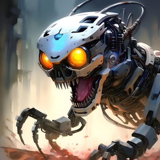 A IA gerou uma imagem de um bonito cyborg robótico de terror com um sorriso maníaco e olhos brilhantes.