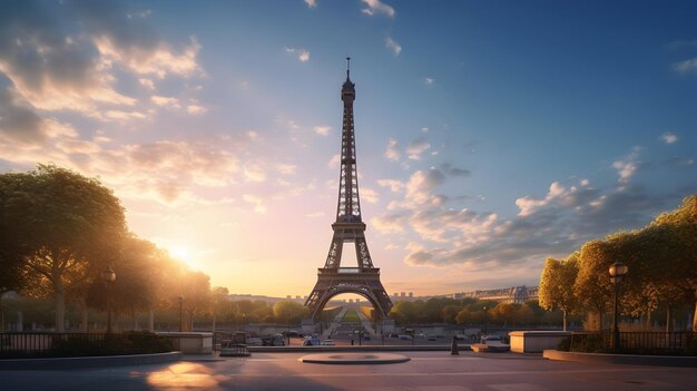 A icônica Torre Eiffel erguida contra um pôr-do-sol parisiense