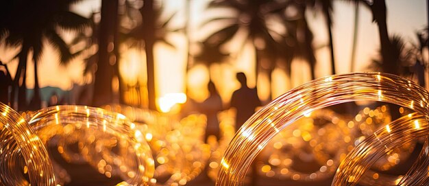 Foto a iluminação brilhante que adorna as palmeiras no estilo do panorama bokeh