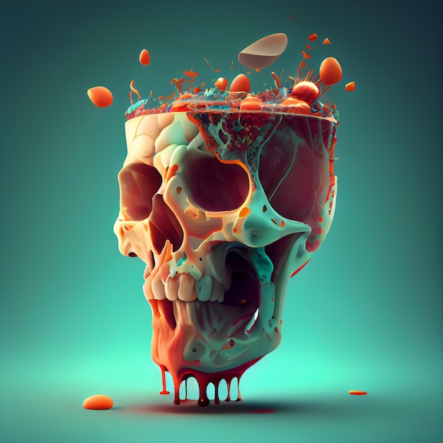 A ilustração 3D de um crânio com sangue espirra em um fundo verde