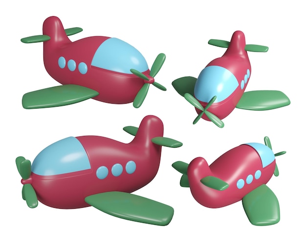A ilustração 3D rende o avião vermelho do brinquedo com asas verdes e hélice no fundo branco