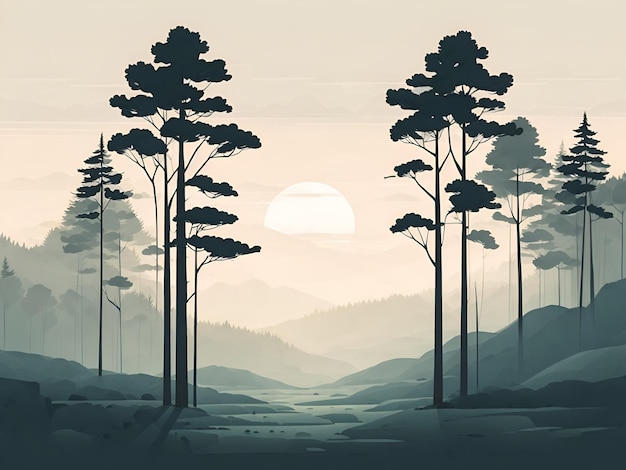 A ilustração apresenta uma floresta generativa minimalista e serena.