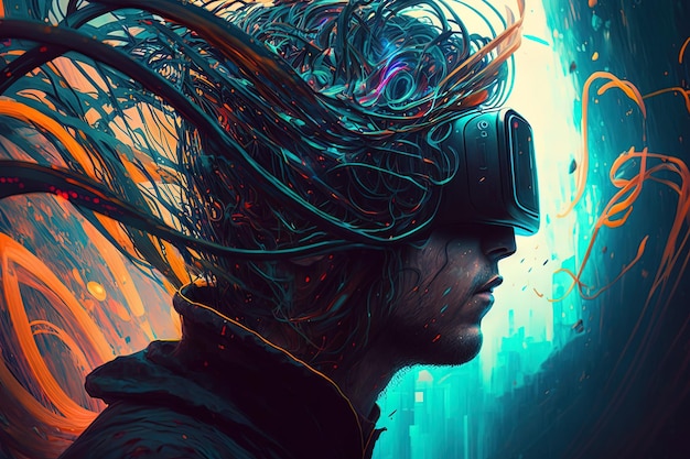 A ilustração de IA generativa de um jovem entusiasmado usando óculos de realidade virtual está dentro do metaverso Conceito de metaverso e elementos do mundo virtual Jogos e entretenimento do digital