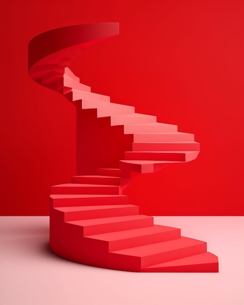 A ilustração de renderização 3D de um pódio de escada em espiral gradiente em um fundo vermelho é um fundo abstrato mínimo ideal para apresentação do produto