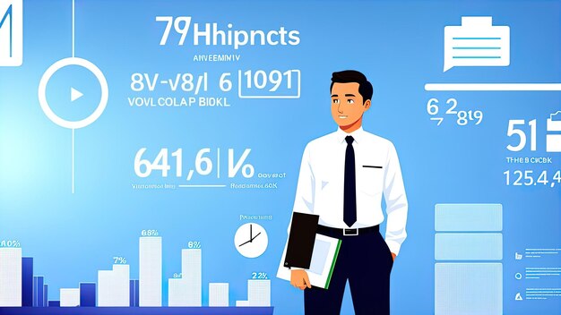 A ilustração de um corretor e de gráficos simboliza o negócio e as finanças do investimento em moeda da bolsa de valores