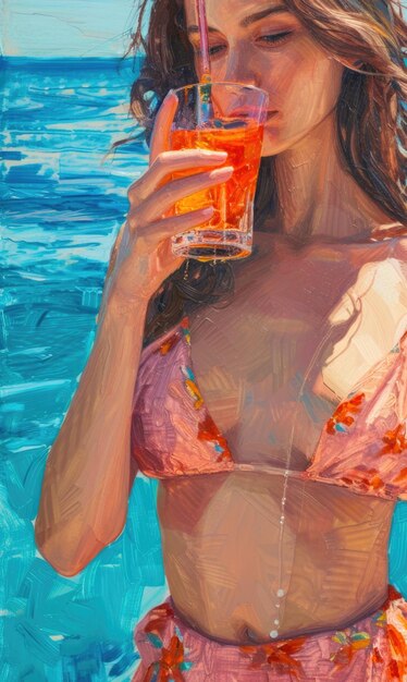 Foto a ilustração de uma bela jovem com um coquetel na mão em um vestido de verão contra o fundo do mar ai generativo