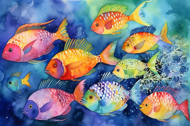 A ilustração desenhada à mão em aquarela de peixes tropicais bonitos gera ai