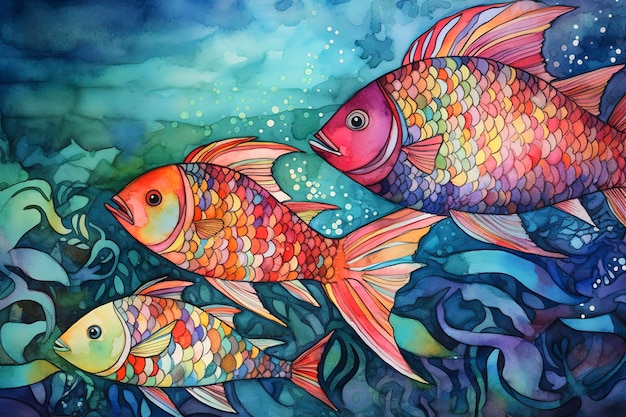 A ilustração desenhada à mão em aquarela de peixes tropicais bonitos gera ai