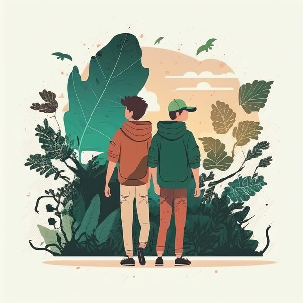 A ilustração generativa de IA apresenta um casal de homens caminhando por um campo