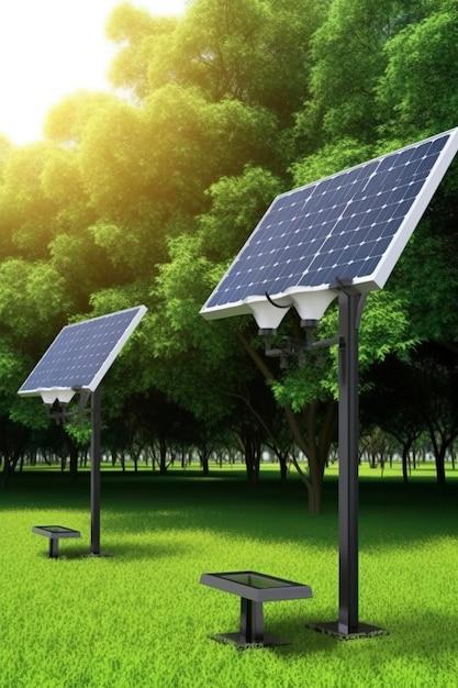 A ilustração generativa de IA de painéis solares integrados à natureza verde, energia limpa e renovável, salva a Terra contra o aquecimento global