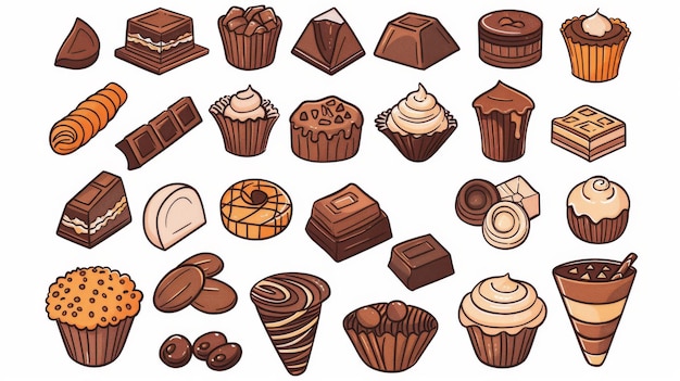 A ilustração mostra vários tipos de alimentos de chocolate Ele é projetado em um estilo desenhado à mão