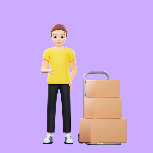 A ilustração raster do homem fica perto de uma pilha de caixas em um carrinho e polegar para cima jovem em uma camiseta amarela trabalha como carregador entrega entrega de encomendas de entrega de encomendas arte 3d