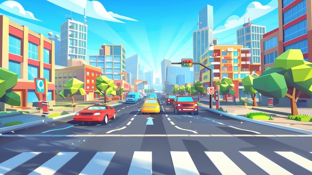 A ilustração retrata carros dirigindo por uma estrada no centro da cidade à noite com edifícios altos, calçadas, semáforos e passagens de zebra. É uma ilustração moderna que retrata um verão