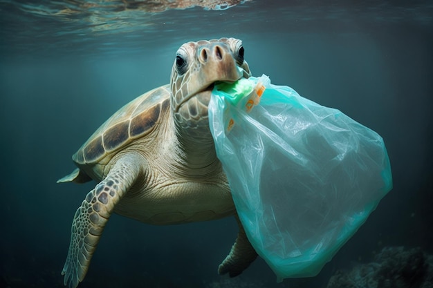 Foto a ilustração subaquática da tartaruga verde do mar come o saco plástico