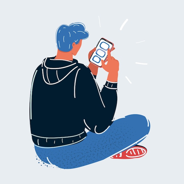 A ilustração vetorial do homem está usando a visão traseira do smartphone no fundo branco