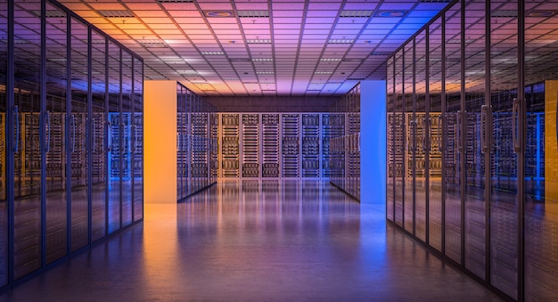Foto a imagem 3d rende de uma sala moderna do servidor de banco de dados.