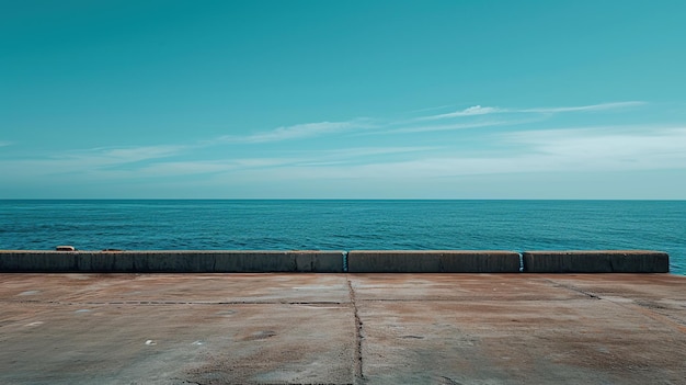 A imagem apresenta uma vista serena onde o cais de concreto encontra o vasto e tranquilo mar azul