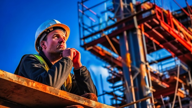 A imagem capta a introspecção do trabalhador em meio à construção em andamento