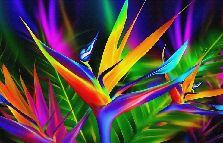 Foto a imagem colorida da palmeira é feita pelos pássaros tropicais coloridos