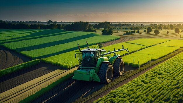 a imagem com uma lente grande angular abrangendo os vastos campos e a agricultura de ponta