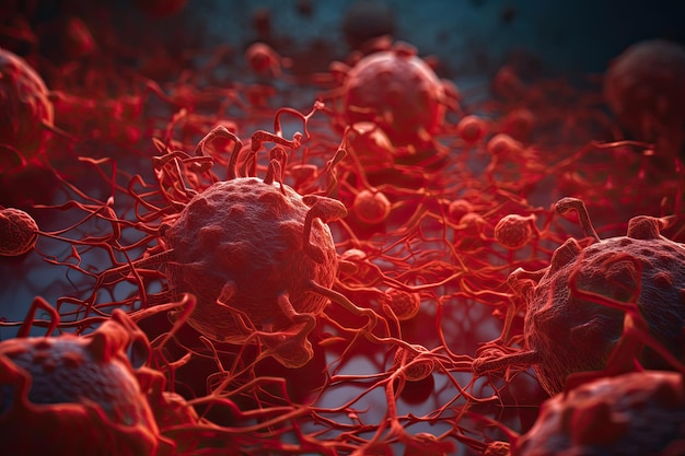 A imagem D de células de vírus de cor vermelha conecta-se com células humanas saudáveis generativas ai