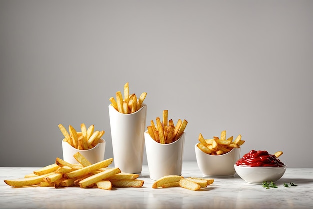 A imagem de batatas fritas ou batatas fritas com molhos de mergulho em recipientes elegantes