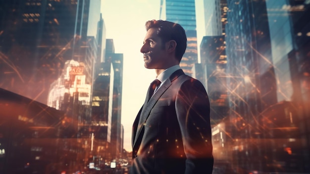 A imagem de dupla exposição do homem de negócios na cidade gerada pela rede neural da IA