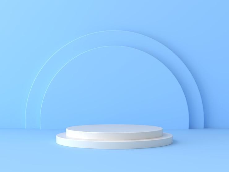 A imagem de fundo é azul e há um estágio de 2 camadas para colocação de itens brancos na cena 3D do meio