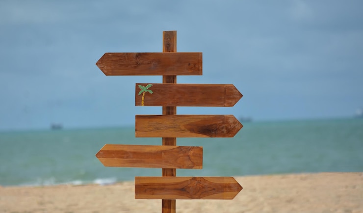 A imagem de fundo é de uma praia e um sinal de estrada