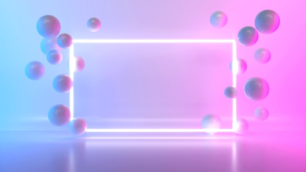 A imagem de fundo tem azul claro e rosa Há uma forma quadrada de luzes de néon brancas cercadas por esferas flutuantes Cena 3D