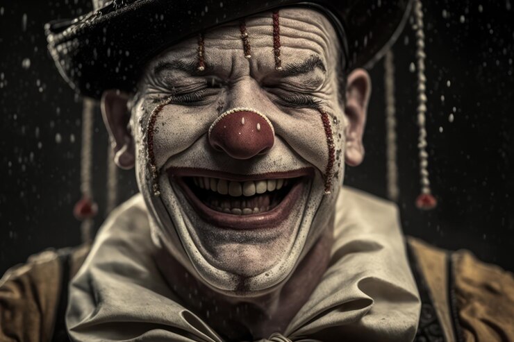 Foto a imagem de um belo palhaço sorridente com lágrimas de alegria no rosto simboliza a pureza e a inocência do circo
