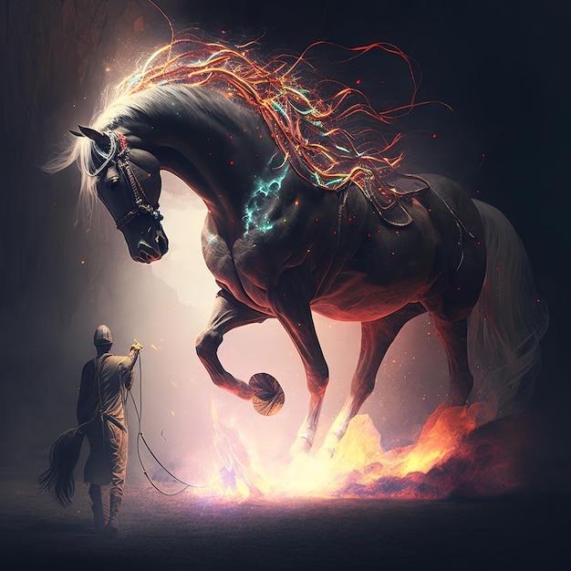 A imagem de um cavalo está correndo graciosamente em um mundo de fantasia Ilustração de animais selvagens IA generativa