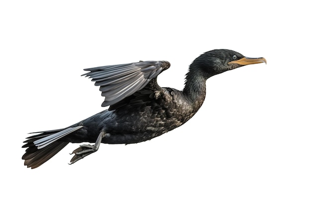 A imagem de um corvo-marinho javanês está batendo suas asas voando sobre um fundo branco Ilustração de pássaros de animais selvagens IA generativa
