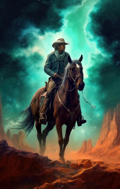 A imagem de um cowboy está montando seu cavalo na IA geradora de fundo cósmico