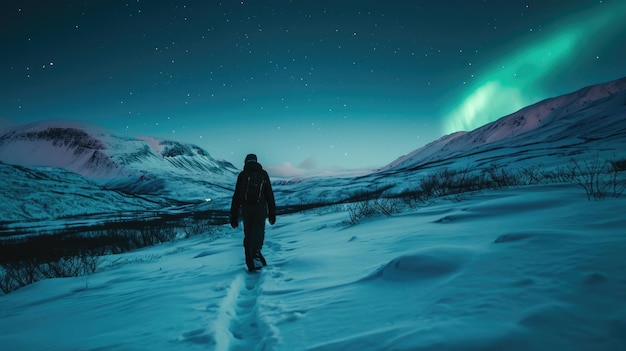 Foto a imagem de um humano jovem ou adulto caminhando e olhando para a aurora e a estrela aigx