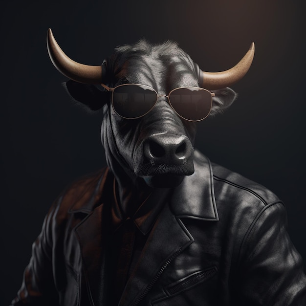 A imagem de um touro usava óculos escuros e uma jaqueta de couro preta sobre um fundo limpo Ilustração de animais selvagens IA generativa